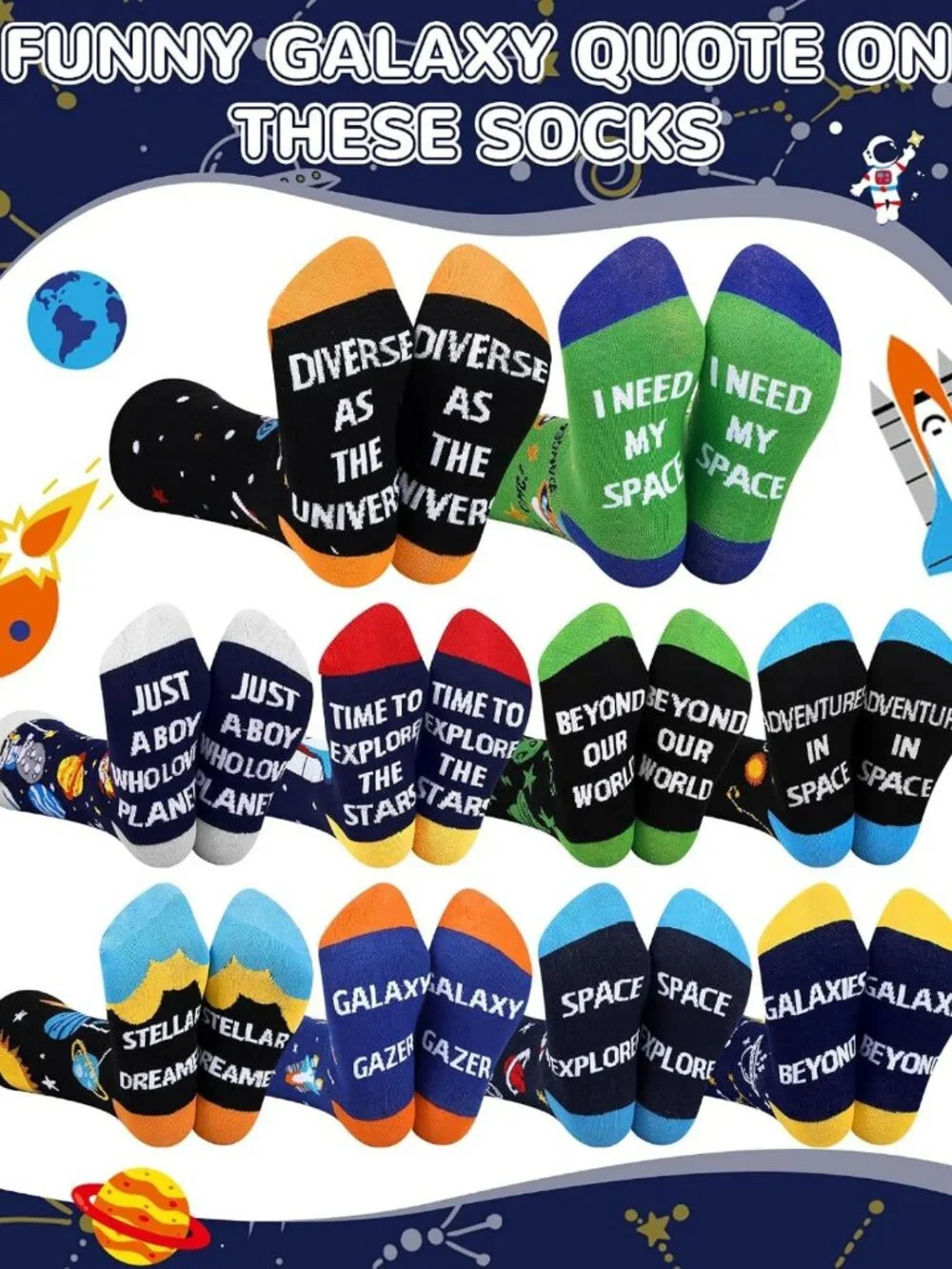 Colorful Galaxy Pattern Crew Socks - 10 Pairs Funny Space Socks for Teens, Gift